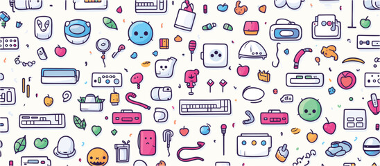 Seamless Creative Colorful Tech Doodles: Hand-Drawn Vector Art Patterns of cute Computer Gadgets and Emojis on White Background