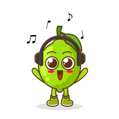 Cute cartoon lime character listening to music and enjoy. Vector character illustration icon isolated on white. lime Fruit cartoon mascot character Listening music on a headset