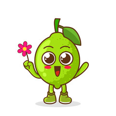 Cute cartoon lime fruit character holding flower