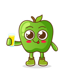 green apple Fruit Cartoon Mascot Character Presenting And Holding Up A Glass Of Juice. Cute green apple cartoon character holding a glass with juice.