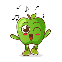green apple Fruit cartoon mascot character Listening music. Cute green apple cartoon character dances to music