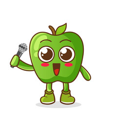 Cute cartoon green apple fruit singer character holding mic