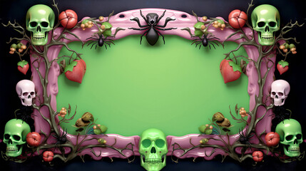 Fototapeta na wymiar A Halloween-themed background with skulls and a spider on a green backdrop