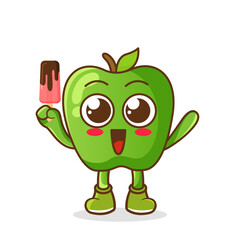Cute smiling cartoon style green apple fruit character holding in hand ice cream, popsicle.
