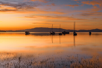 Plakat Beautiful sunrise waterscape with high cloud, reflections and boats