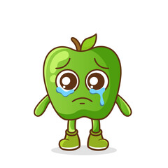 Funny crying emoticon. green apple character with tears in eyes