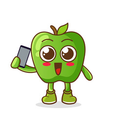 green apple fruit cartoon character holding a smartphone