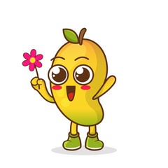 Cute cartoon mango fruit character holding flower