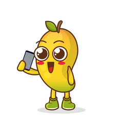 mango fruit cartoon character holding a smartphone