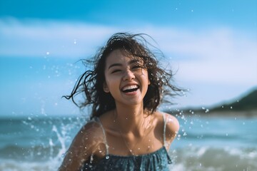 Obraz premium 海で遊ぶ女性 with generative ai