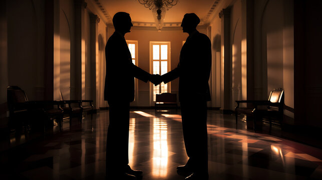 Two people in  silhouette shake hands in agreement