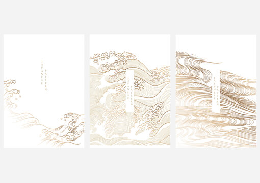 Oriental hand drawn wave with Chinese background vector. Abstract art template with gold element in vintage style.