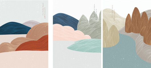 Abstract landscape background with line pattern vector. Mountain forest banner in vintage style.
