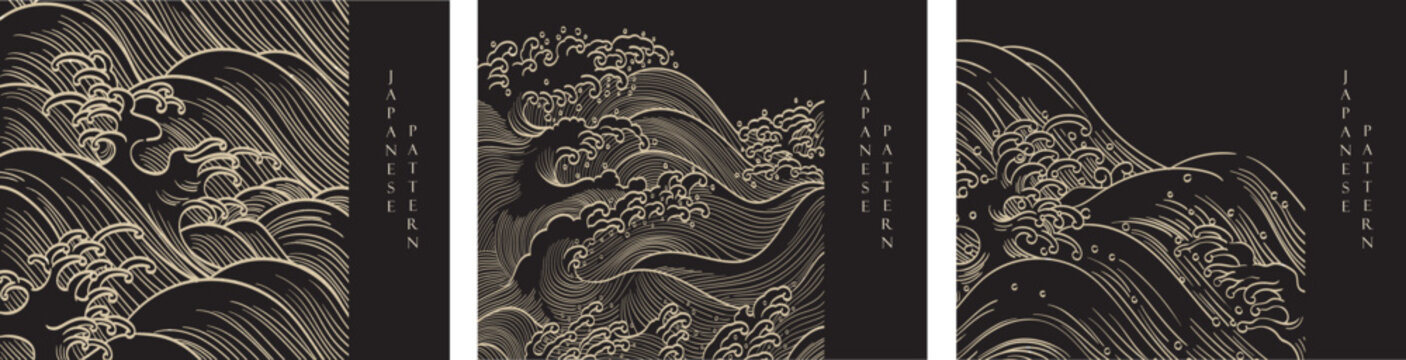 Japanese hand drawn wave decoration with line pattern vector. Abstract art banner. Ocean and sea elements card design in vintage style.