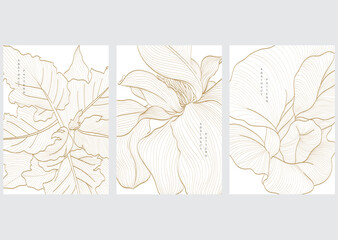 Peony flower with hand drawn illustration in vintage style. Gold floral pattern in vintage style. Oriental flora banner design.