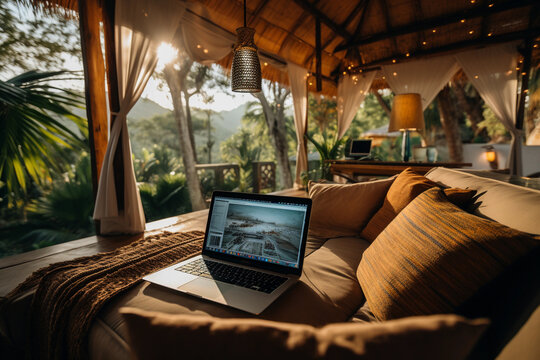 a digital nomad working in paradise, surrounded by palm trees, and on a conference call