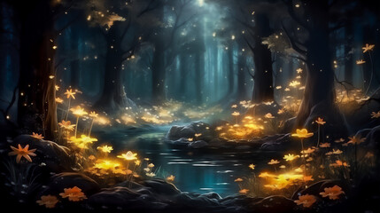 fire fly in deep forest in autumn at the night, create using generative AI tools