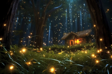 fire fly in deep forest in autumn at the night, create using generative AI tools