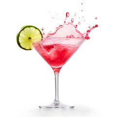 lime slice falling into cuban daiquiri cocktail isolated on white background