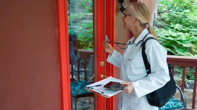 Making A Rural House Call, A Mature Female Doctor Or Nurse Walks To The Door, Knocks, Smiles And Shows ID Badge.