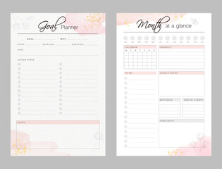 Weekly and Goal Planner. (Floral) Make your day more easily and happy. Vector Print template.
