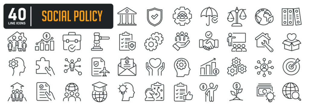 Social policy simple minimal thin line icons. Related education, insurance, law, goverment. Editable stroke. Vector illustration.