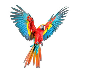 Fototapeta premium Image of macaw parrot is flying on white background. Bird. Wildlife Animals. Illustration. Generative AI.