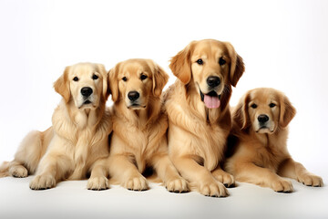 Fototapeta premium Image of family group of golden retriever dogs on white background. Pet. Animals. Illustration, Generative AI.