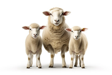 Image of family group of sheeps on white background. Farm animals. Illustration, Generative AI.