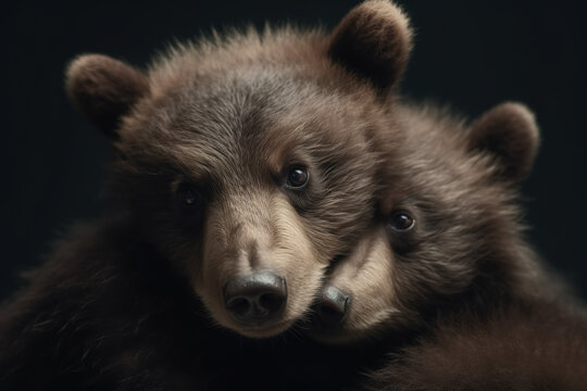 Image of two baby bears cubs cuddle together. Wildlife Animals. Illustration, Generative AI.