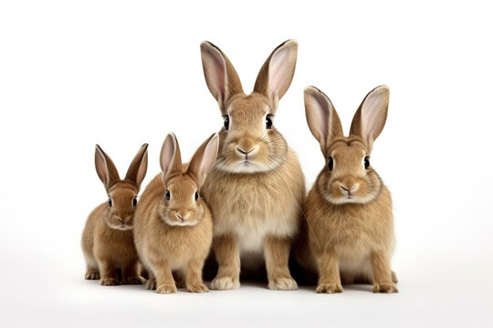 Image of family group of rabbits on white background. Wildlife Animals. Illustration, Generative AI.