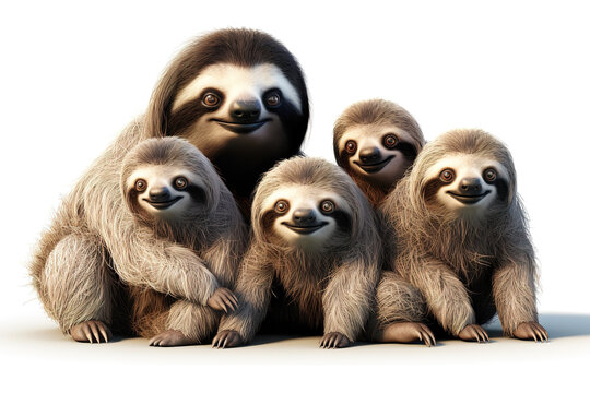 Image of family group of sloths on white background. Wildlife Animals. Illustration, Generative AI.
