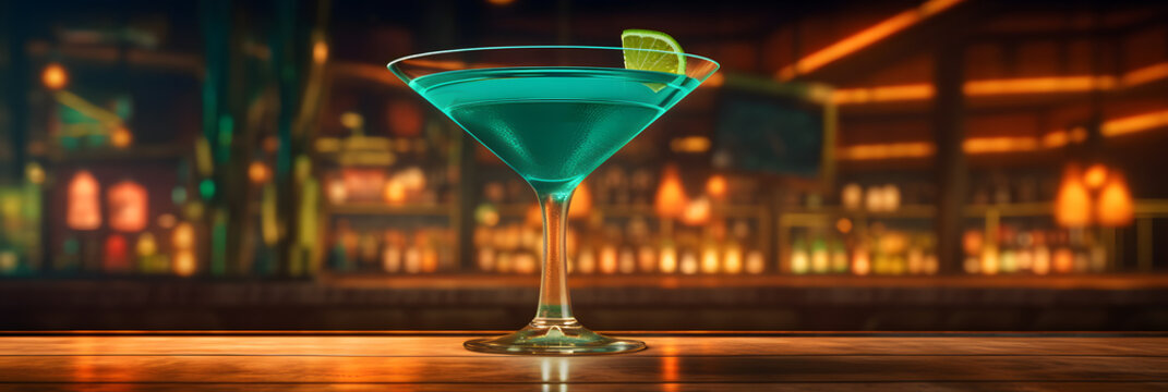 Closeup image of daiquiri cocktail decorated with lemon at bar counter background. alcoholic beverages or drink
