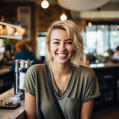 portrait of cute blonde barista in a coffee shop