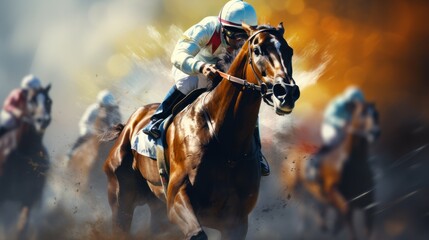 Naklejka premium Horse racing. A stallion gallops with a rider on horseback.