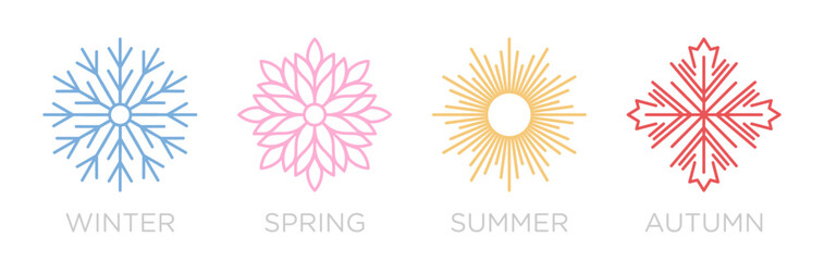 Four season icon logo concept vector design illustration. Snowflake, flower, sun, maple leaf icons template line art style