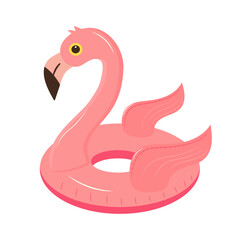 Pink flamingo rubber ring. Inflatable toy for swimming. Summer, beach, relax concept. - obrazy, fototapety, plakaty