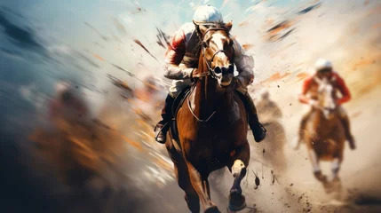 Poster Horse racing. A stallion gallops with a rider on horseback. © sirisakboakaew