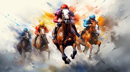 Horse racing. A stallion gallops with a rider on horseback.