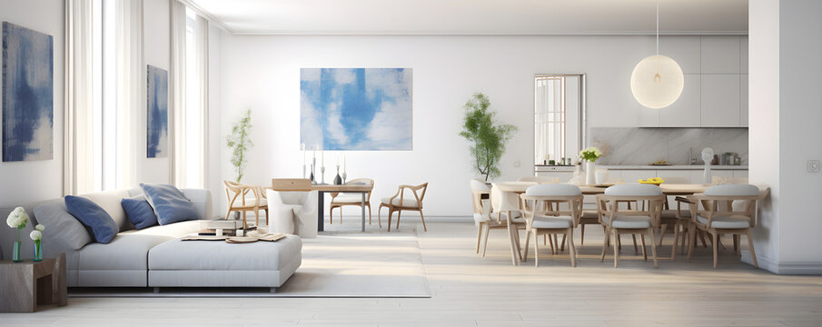 interior design of modern scandinavian apartment, living room and dining room, panorama 3d rendering
