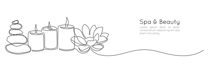 One continuous line drawing of wellness and spa treatment. Candle stones and lotus flower for zen and balance concept in simple linear style. Editable stroke. Doodle Vector illustration - obrazy, fototapety, plakaty