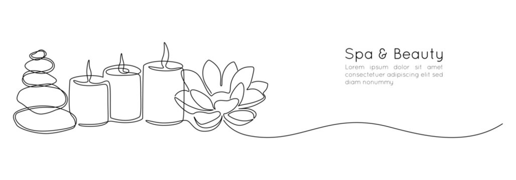 One continuous line drawing of wellness and spa treatment. Candle stones and lotus flower for zen and balance concept in simple linear style. Editable stroke. Doodle Vector illustration