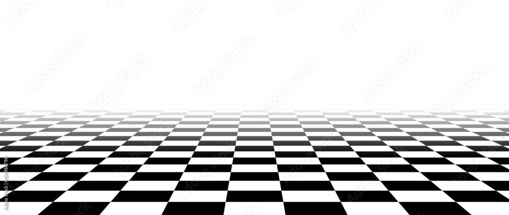 Poster Black and white checkered tile floor fading in perspective. Abstract checkerboard texture landscape. Vanishing horizontal chessboard plane surface. Empty room background. Vector illustration