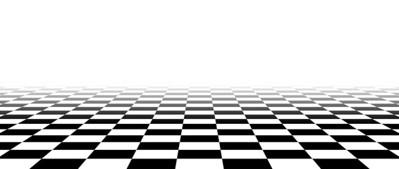 Naklejka premium Black and white checkered tile floor fading in perspective. Abstract checkerboard texture landscape. Vanishing horizontal chessboard plane surface. Empty room background. Vector illustration