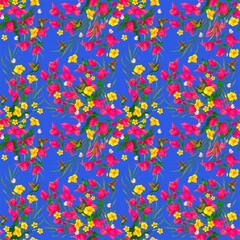 Fototapeta na wymiar Diseño de estampado de flores primaverales con colibries alegres para estampados textiles, papeleria y decoracion