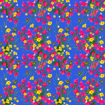 Dise&ntilde;o de estampado de flores primaverales con colibries alegres para estampados textiles, papeleria y decoracion