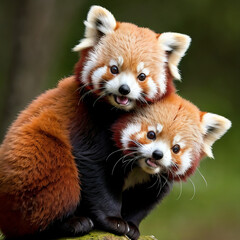 Portrait of two red pandas. Red pandas in nature. AI generated.