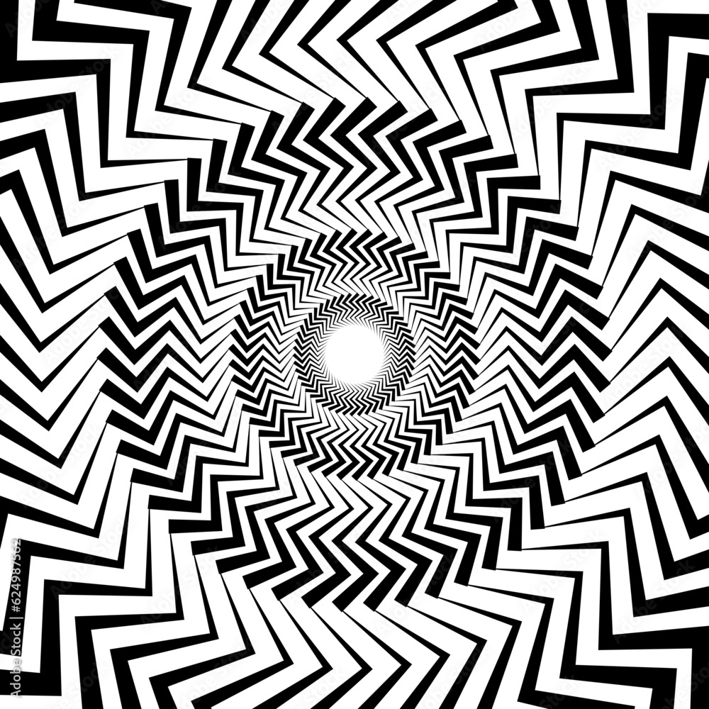 Aufkleber Optical illusion background. Black and white abstract distorted zigzag lines surface. Radial jagged poster design. Hypnotic spiral illusion wallpaper. Vector illustration