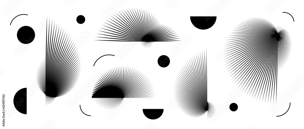Poster Abstract black curved spiky elements set. Radial spiral spokes objects collection. Thin thorn semicircle and circle shapes. Angular sunburst bundle for poster, collage, banner. Arc vector pack