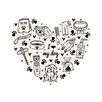 recommend clip art: I love my dog vector set. Grooming and veterinary for a puppy. Pet accessories - food, bowl, collar with bone, leash with paw, toy, claw clipper, shaver. Black and white clipart for print, posters